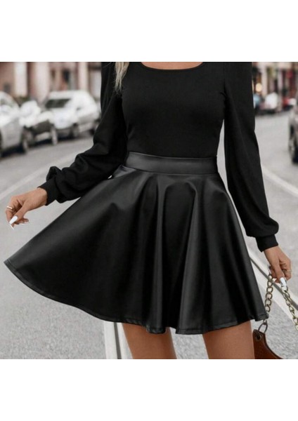 Miracotton Kadın Uzun Kollu Kare Yaka Üst Viskon Alt Deri Mini Elbise fırsatları