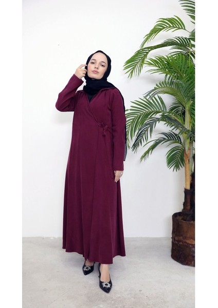 Yakalı Yandan Bağlamalı Elbise-Bordo