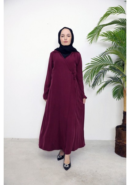 Yakalı Yandan Bağlamalı Elbise-Bordo modelleri
