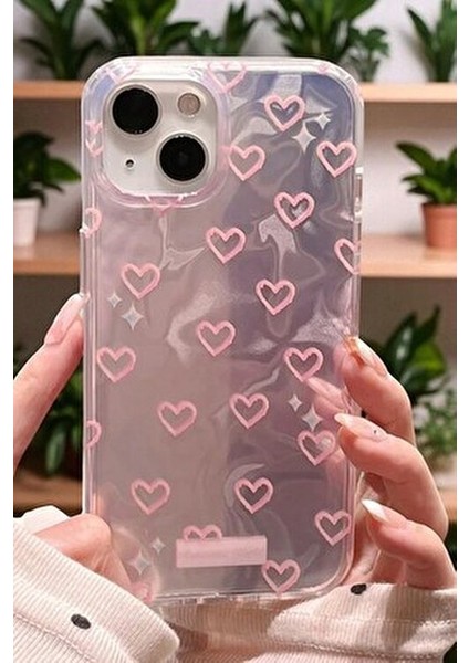 Apple iPhone 15 Uyumlu Hologram Pembe Kalp Desenli Silikon Kılıf Darbeye Dayanıklı, Kapak
