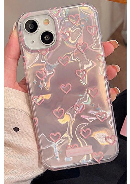 Apple iPhone 15 Uyumlu Hologram Pembe Kalp Desenli Silikon Kılıf Darbeye Dayanıklı, Kapak fiyatları