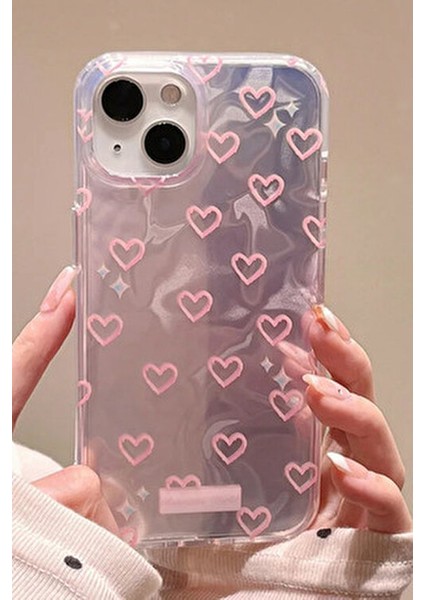 Apple iPhone 15 Uyumlu Hologram Pembe Kalp Desenli Silikon Kılıf Darbeye Dayanıklı, Kapak modelleri