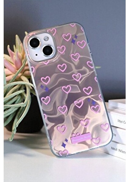 Apple iPhone 15 Uyumlu Hologram Pembe Kalp Desenli Silikon Kılıf Darbeye Dayanıklı, Kapak indirimleri