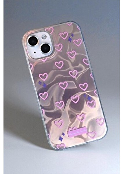 Apple iPhone 15 Uyumlu Hologram Pembe Kalp Desenli Silikon Kılıf Darbeye Dayanıklı, Kapak
