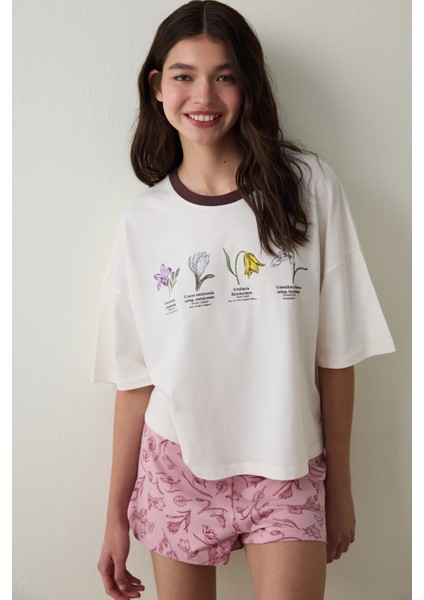 Ekru Bozkır Lalesi Çiçek Baskılı Pamuklu Bisiklet Yaka Kısa Kollu Şortlu Pijama Takımı - Inspired by Flora
