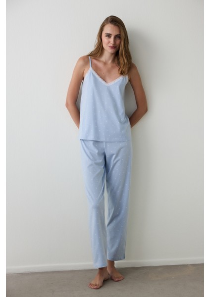 Açık Mavi Mia Puantiyeli Dantelli V Yaka Pamuklu Pijama Takımı