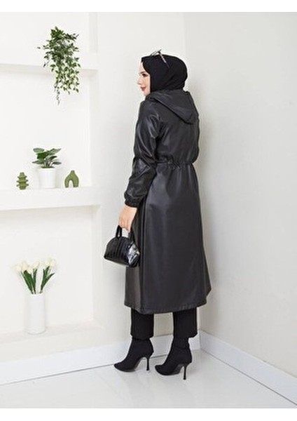 kadın kapüşonlu fermuarlı belden bağlamalı siyah suni deri trenç fiyatları