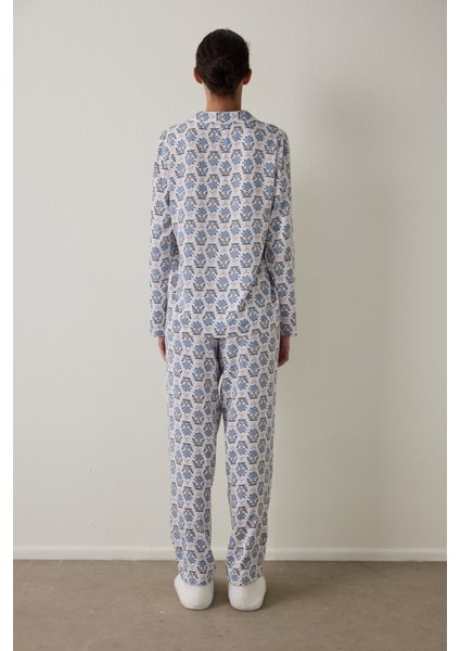 Açık Mavi Blue Flowers Uzun Kollu Gömlek Pijama Takımı