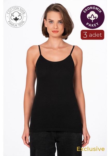 Kadın Pamuklu Ribana İp Askılı Klasik Atlet 3'lü Paket – Esnek & Rahat | Siyah K0107