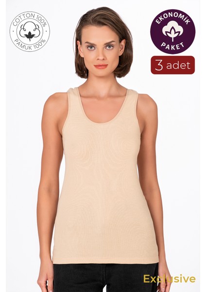 Kadın Pamuklu Ribana Kalın Askılı Atlet 3'lü Paket | Ten K0111