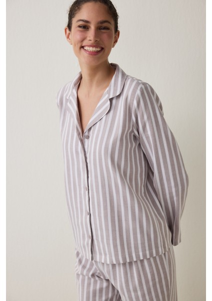 Bej Çizgili Uzun Kollu Pamuklu Gömlek Pantolon Pijama Takımı