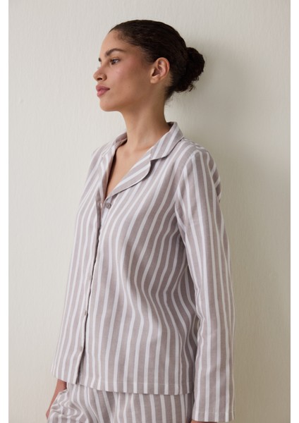 Bej Çizgili Uzun Kollu Pamuklu Gömlek Pantolon Pijama Takımı