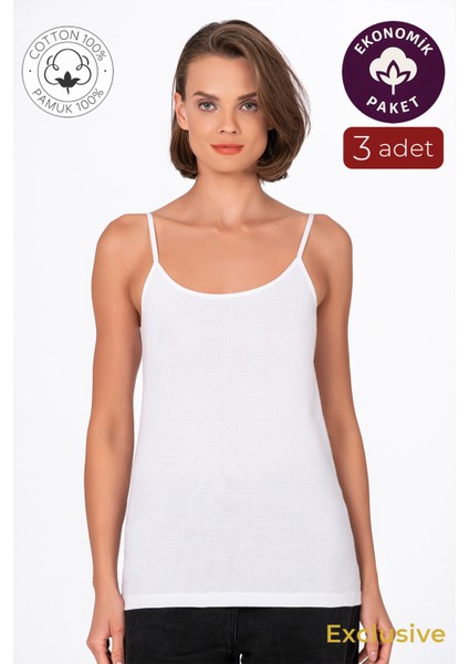 Kadın Pamuklu Ribana İp Askılı Klasik Atlet 3'lü Paket – Esnek & Rahat | Beyaz K0107