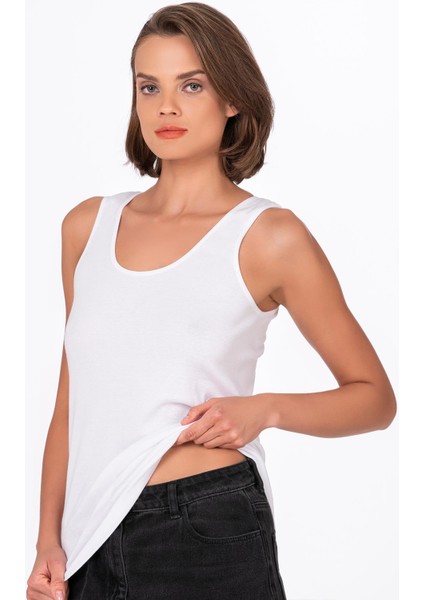 Kadın Pamuklu Ribana Kalın Askılı Atlet 3'lü Paket | Beyaz K0111