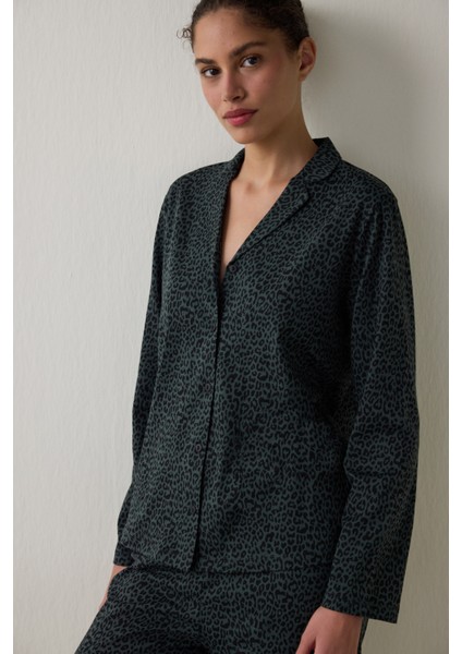 Siyah Dark Leopard Pamuklu Gömlek Pantolon Pijama Takımı