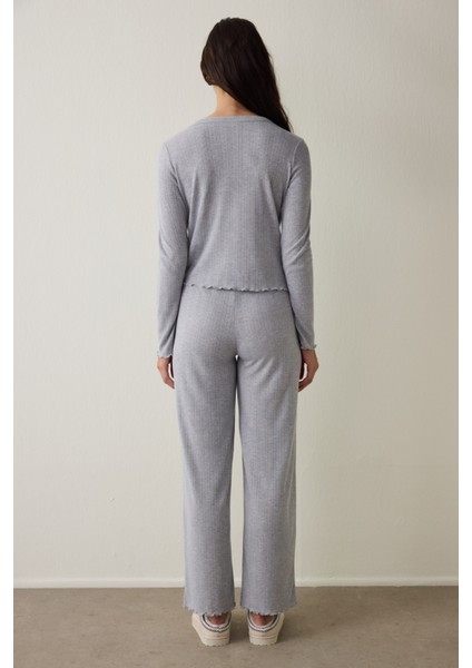 Açık Gri Melanj Dahlia V Yaka Uzun Kol Termal Etkili Pijama Takımı