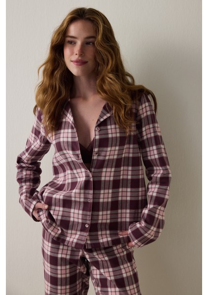 Bordo Ekoseli Gömlek Yaka Pamuklu Pijama Takımı