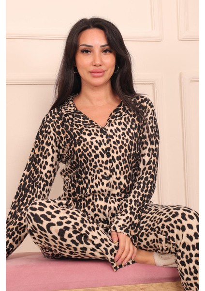 Kadın Leopar Desenli Önü Düğmeli Süet Pijama Takımı fiyatları