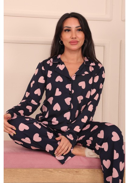 Kadın Kalp Desenli Önü Düğmeli Uzun Kol Altı Uzun Milan Kumaş Pijama Takımı fırsatları