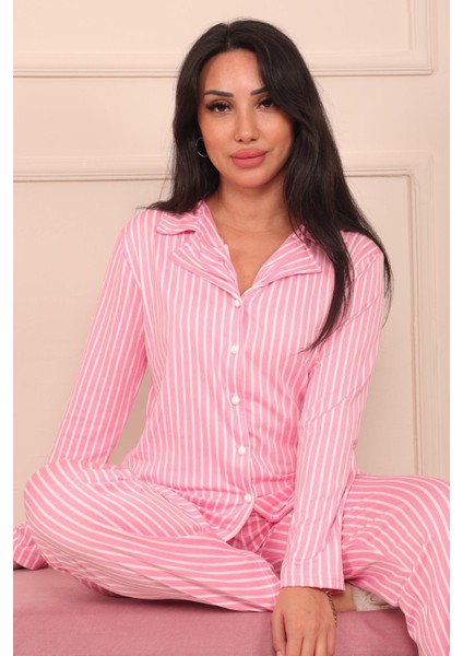 Kadın Dikey Çizgi Desenli Önü Düğmeli Uzun Kol Altı Uzun Milan Kumaş Pijama Takımı