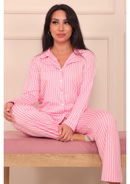 Kadın Dikey Çizgi Desenli Önü Düğmeli Uzun Kol Altı Uzun Milan Kumaş Pijama Takımı fırsatları
