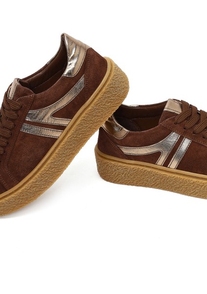 Kadın Kahverengi Bağcıklı Kalın Tabanlı Süet Deri Sneaker 25AFD511110
