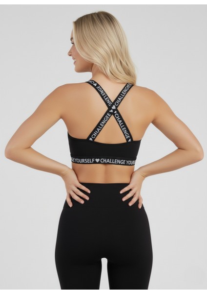 Siyah Çapraz Askılı Baskılı Spor Sütyeni 2'li Paket