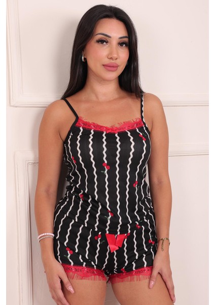 Kadın Dikey Çizgi ve Kiraz Desenli Şortlu Pegasus Pijama Takım Siyah fiyatları