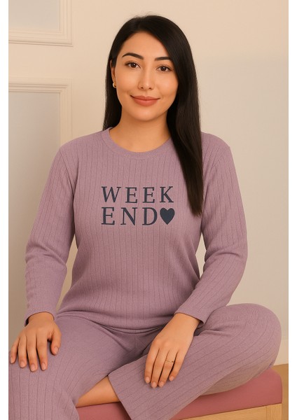 Kadın Week End Işlemeli ve Fitilli Bisiklet Yaka Uzun Kol Altı Uzun Pamuklu Pijama Takımı