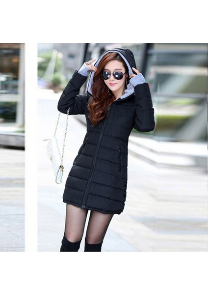 Kışlık Kapüşonlu Orta Boy Kadın Şişme Mont