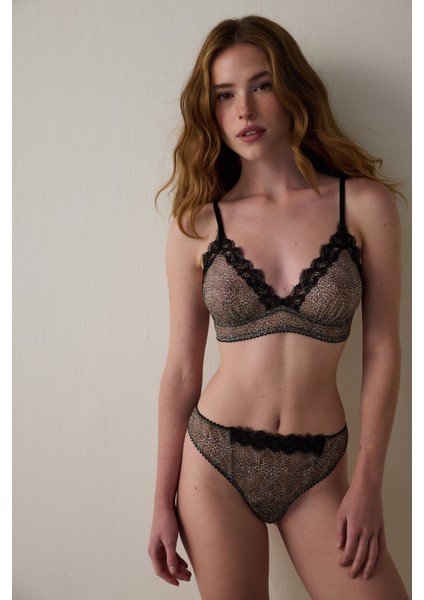 Bej Brode Detaylı Leopar Desenli Balensiz Kapsız Üçgen Sütyen