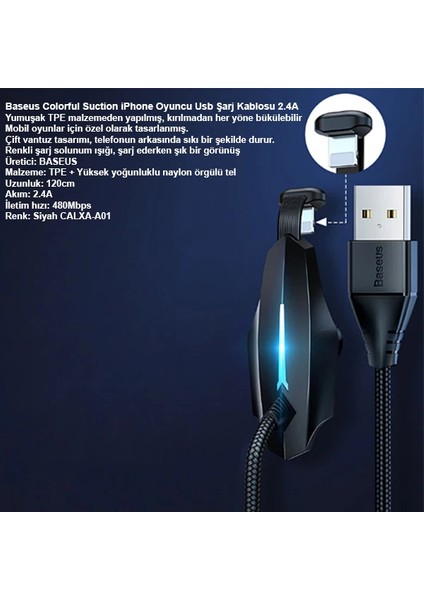 Baseus Colorful Suction iPhone Oyuncu USB Şarj Kablosu 2.4A 1.2M-(5775) - ?89?66E7-2G6989 modelleri