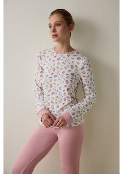 Tea Party Baskılı Bisiklet Yaka Uzun Kollu Pijama Üstü