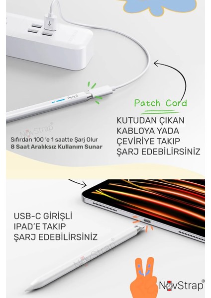 Apple iPad Air 13 M2/M3 ile Uyumlu Bluetooth Dokunmatik Tablet Kalemi BP25BL Pil Ekranlı Kısayol Tuşlu Stylus Pencil