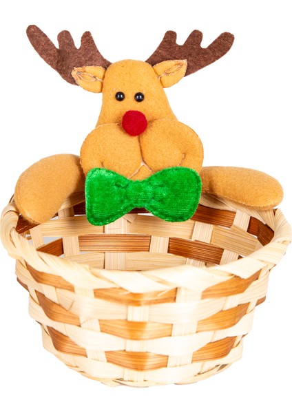 Yılbaşı Süsü, Sepet, Geyik Figürlü, Kahverengi-Kırmızı - 13x14 cm