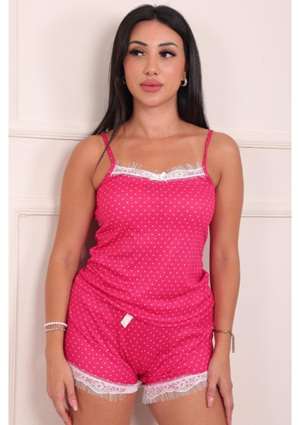 Kadın Minik Puantiye Desenli Ip Askılı Şortlu Pegasus Pijama Takımı Fuşya
