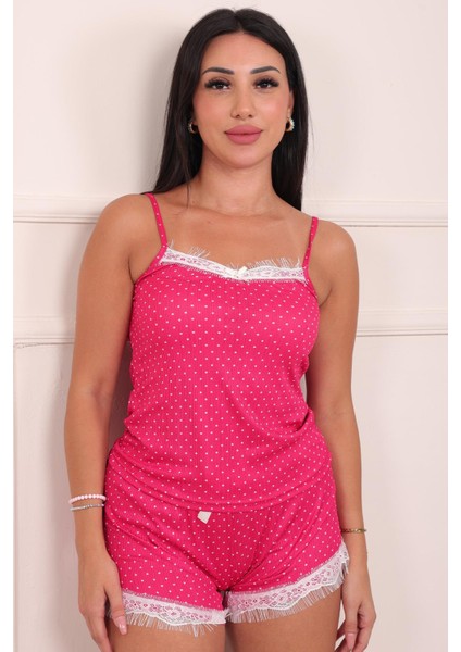 Kadın Minik Puantiye Desenli Ip Askılı Şortlu Pegasus Pijama Takımı Fuşya fiyatları