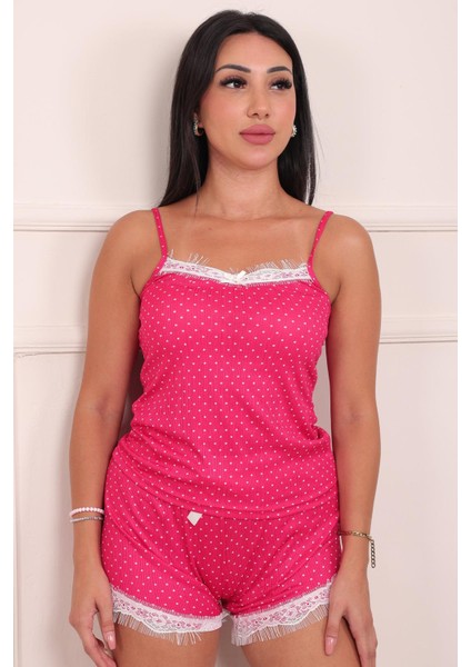 Kadın Minik Puantiye Desenli Ip Askılı Şortlu Pegasus Pijama Takımı Fuşya modelleri