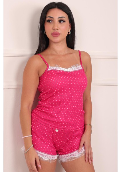 Kadın Minik Puantiye Desenli Ip Askılı Şortlu Pegasus Pijama Takımı Fuşya fırsatları