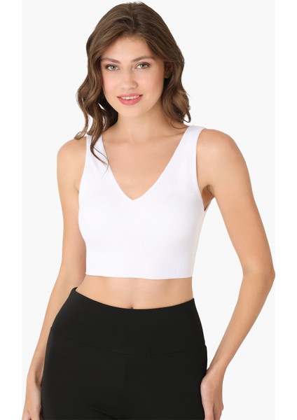 Beyaz Dikişsiz Kaplı V Yaka Büstiyer