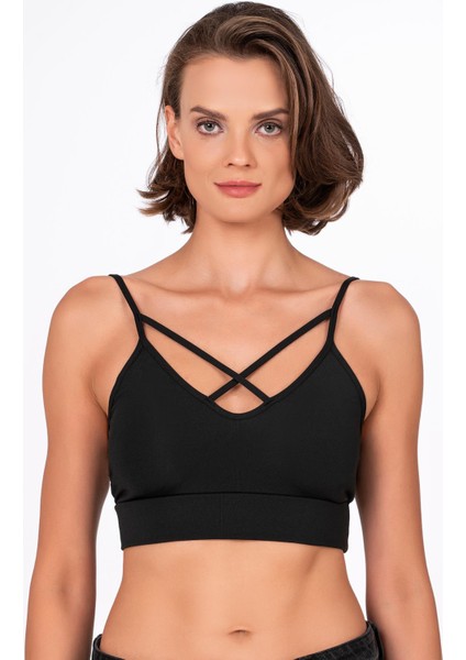 Çapraz İp Detaylı İnce Askı Sporcu Sütyen | Siyah fırsatları