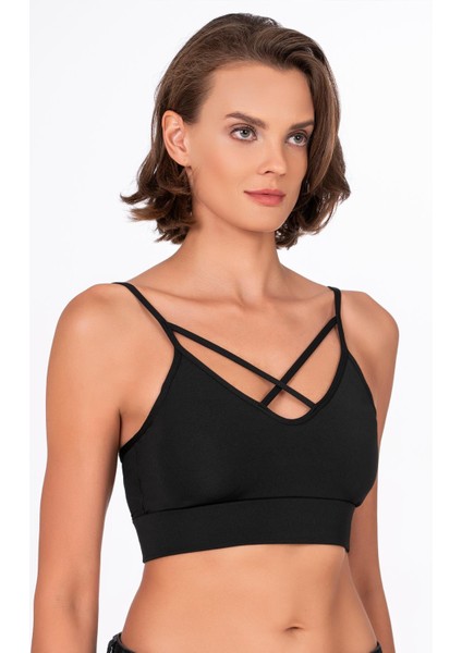 Çapraz İp Detaylı İnce Askı Sporcu Sütyen | Siyah