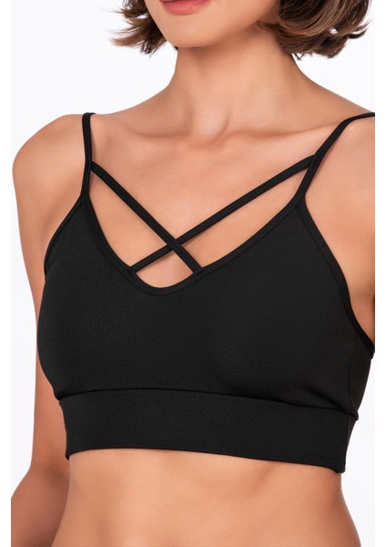 Çapraz İp Detaylı İnce Askı Sporcu Sütyen | Siyah