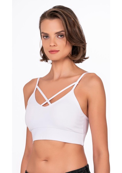 Çapraz İp Detaylı İnce Askı Sporcu Sütyen | Beyaz
