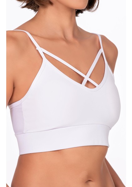 Çapraz İp Detaylı İnce Askı Sporcu Sütyen | Beyaz