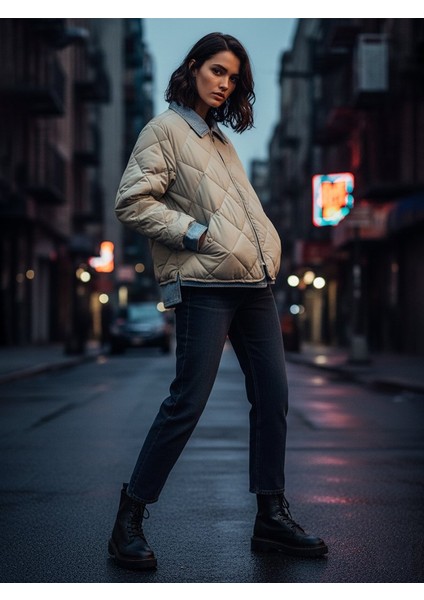 Oversize Kapitone Gömlek Yaka Yeşil Ceket