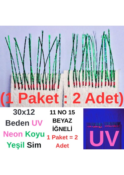 Çapari, Istavrit Çaparisi, 30X12 Beden, Ultraviyole Uv Neon Koyu Yeşil Sim, 11 No Beyaz Iğne, 15 Iğneli 2li Paket