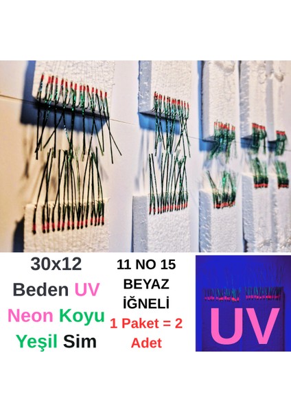 Çapari, Istavrit Çaparisi, 30X12 Beden, Ultraviyole Uv Neon Koyu Yeşil Sim, 11 No Beyaz Iğne, 15 Iğneli 2li Paket fırsatları