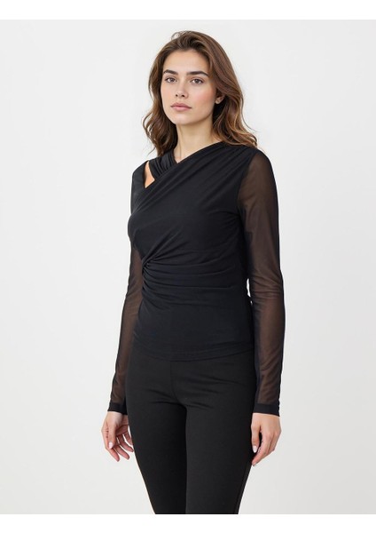 Siyah Dar Kesim Asimetrik Yaka Mesh Örme Bluz fırsatları