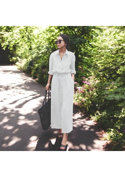 Keten Beli Bağcık Detaylı Uzun Kol Elbise fiyatları